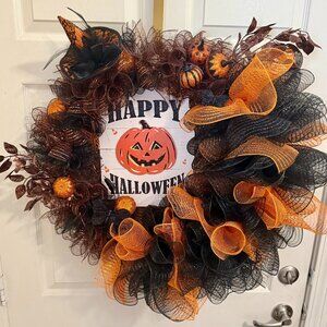 Halloween Door Wreath – 22-Inch Spooky Black & Orange Fall Decor
